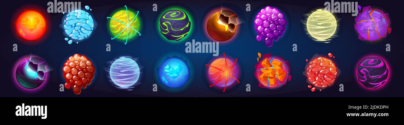 Fantasy alien planets for ui space game. Vector cartoon icons set of ...