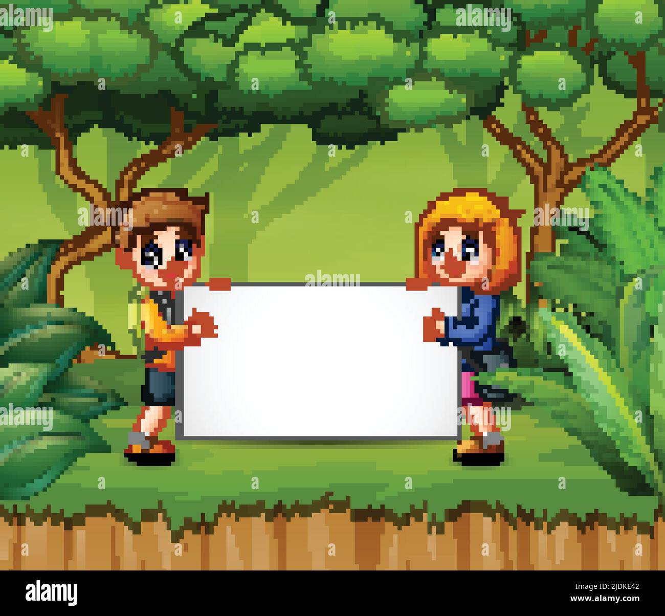 Happy children holding blank sign in the forest Stock Vector Image ...