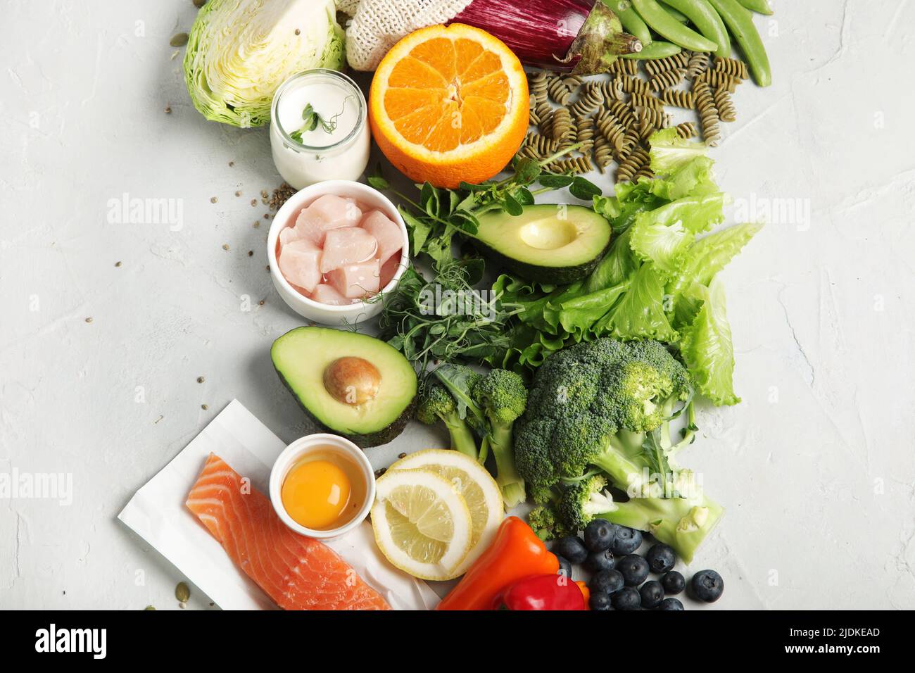 Dash flexitarian mediterranean diet on light background. Healthy food concept. Flat lay, top view, copy space Stock Photo