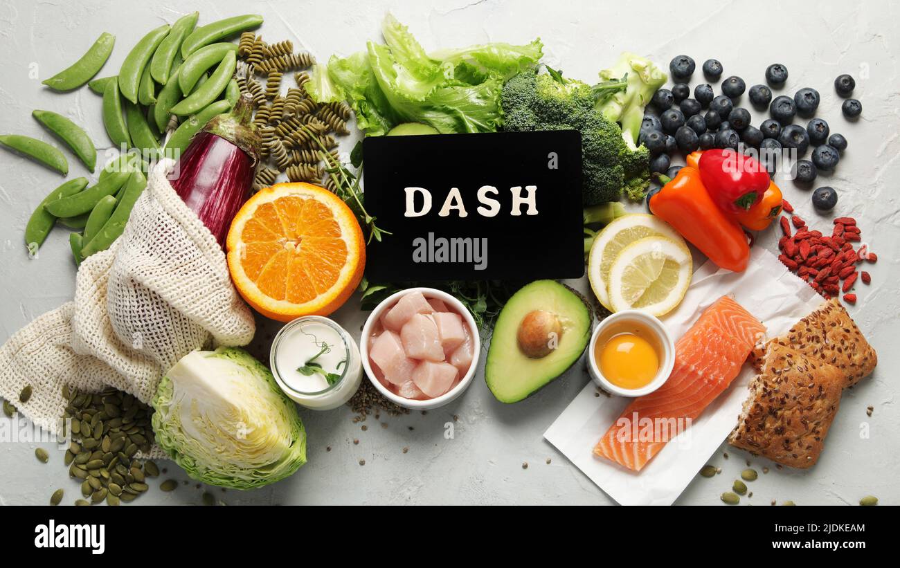 Dash flexitarian mediterranean diet on light background. Healthy food concept. Flat lay, top view, copy space Stock Photo