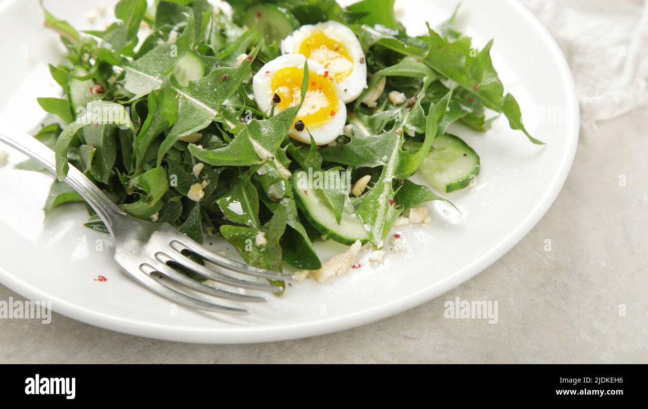 Fresh dandelion salad on light background. Edible plant and nectariferous. Stock Photo