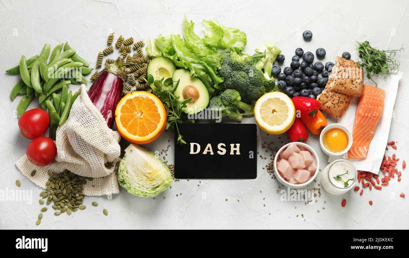 Dash flexitarian mediterranean diet on light background. Healthy food concept. Flat lay, top view Stock Photo
