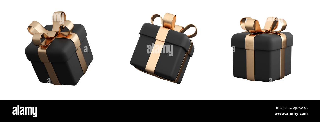 Realistic black gift box set with golden ribbon bow. Concept of ...