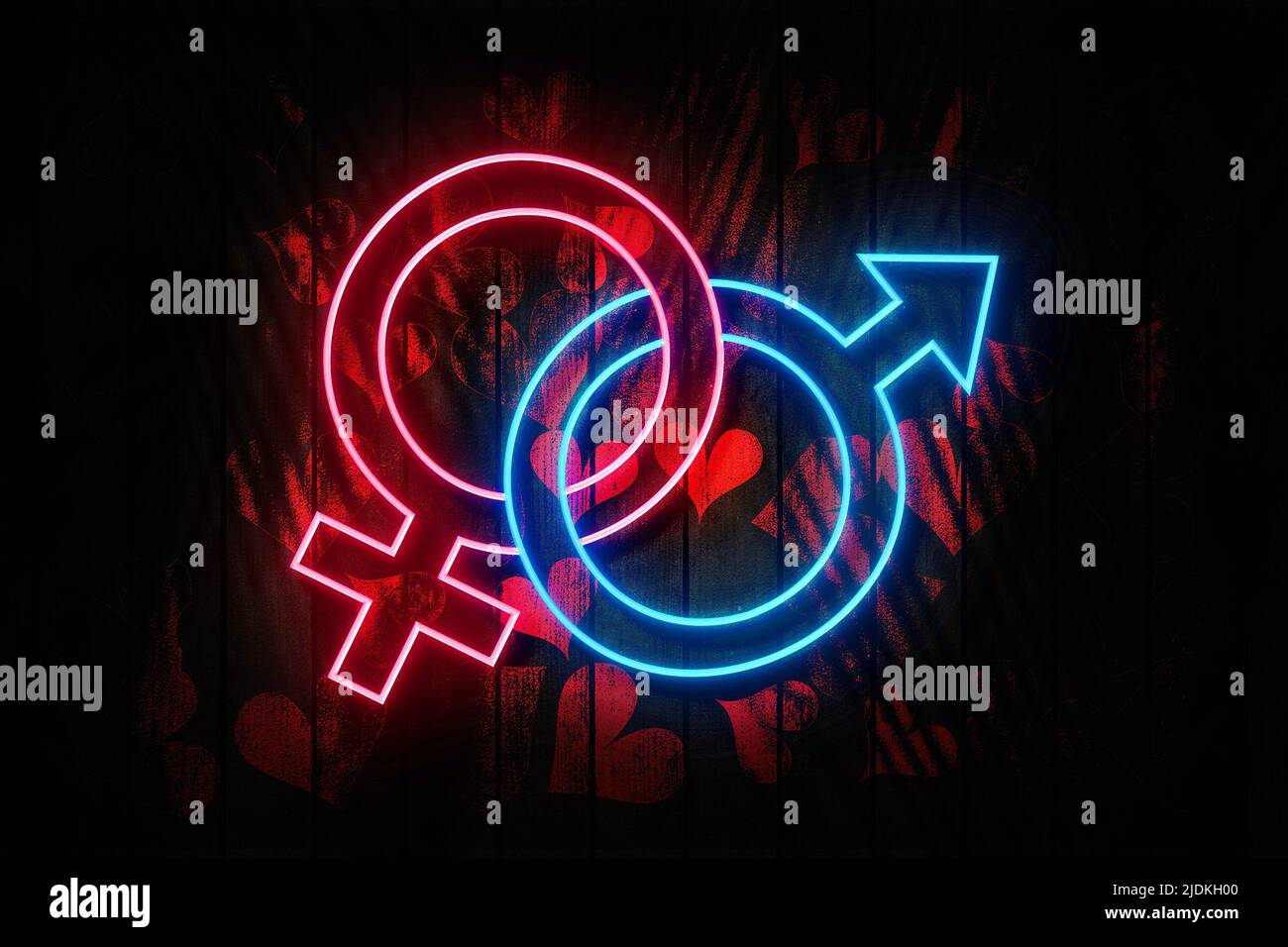 Venus and Mars Pink and Blue Gender symbol Neon Sign on a Dark Heart decorated Wooden Wall  3D illustration. Stock Photo