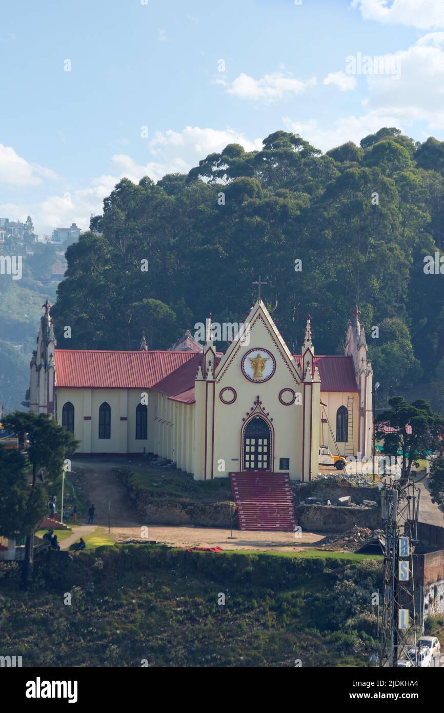 View of Sacred Heart Church from the bus stand, Kodaikanal, India. Stock Photo