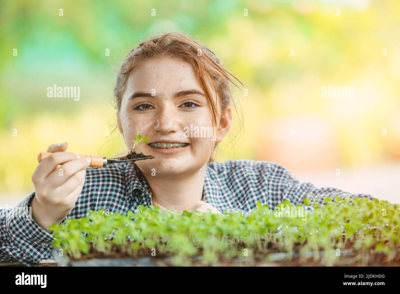 girl young teen growing plant tree in the garden cute lovely Stock Photo