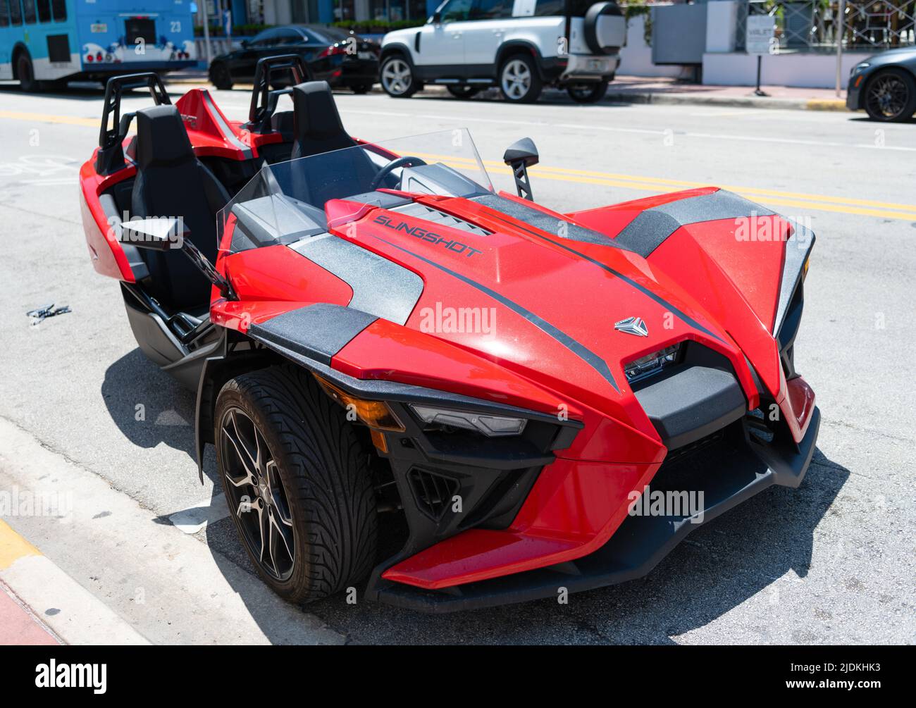 Miami Beach, Florida USA April 14, 2021 red polaris slingshot, front