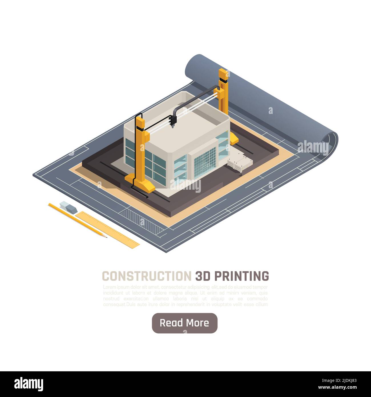 3d printing isometric composition with plan of building construction vector illustration Stock Vector