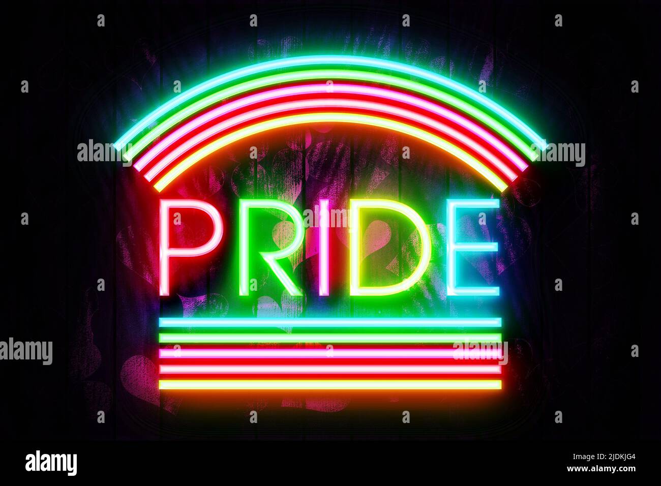 Pride Neon Sign on a Dark Heart decorated Wooden Wall  3D illustration. Stock Photo