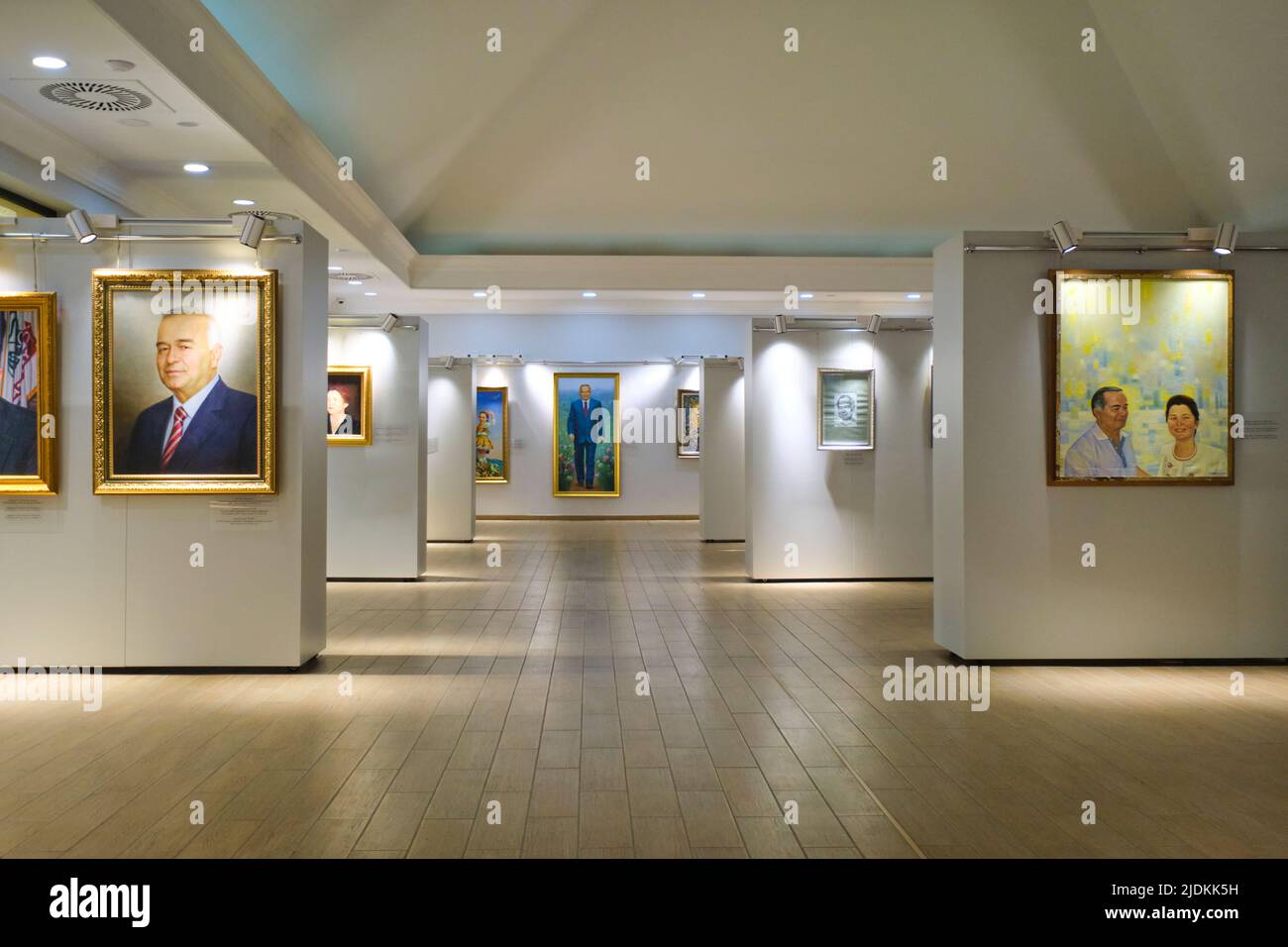 View of the Art Gallery Museum exhibition space with oil paintings of Karimov. At the former President Islam Karimov Museum and White House in Tashken Stock Photo