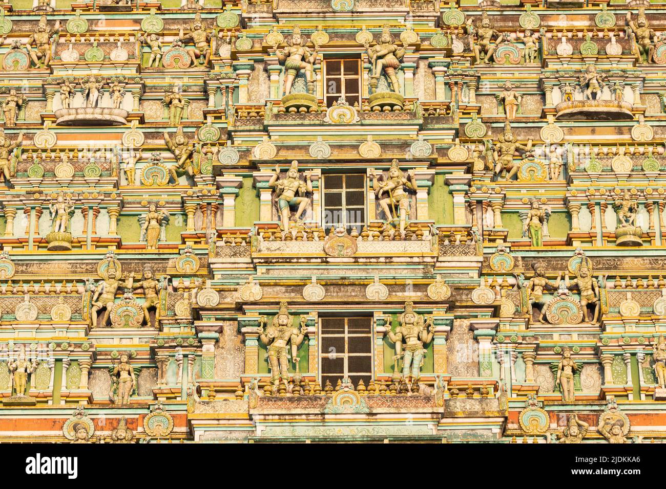 Sculpted Hindu God and Goddess on the Gopuram of  Arulmigu South Kasi Sivan Temple, Kasi Viswanathar Temple, Tenkasi, Tamilnadu, India. Stock Photo