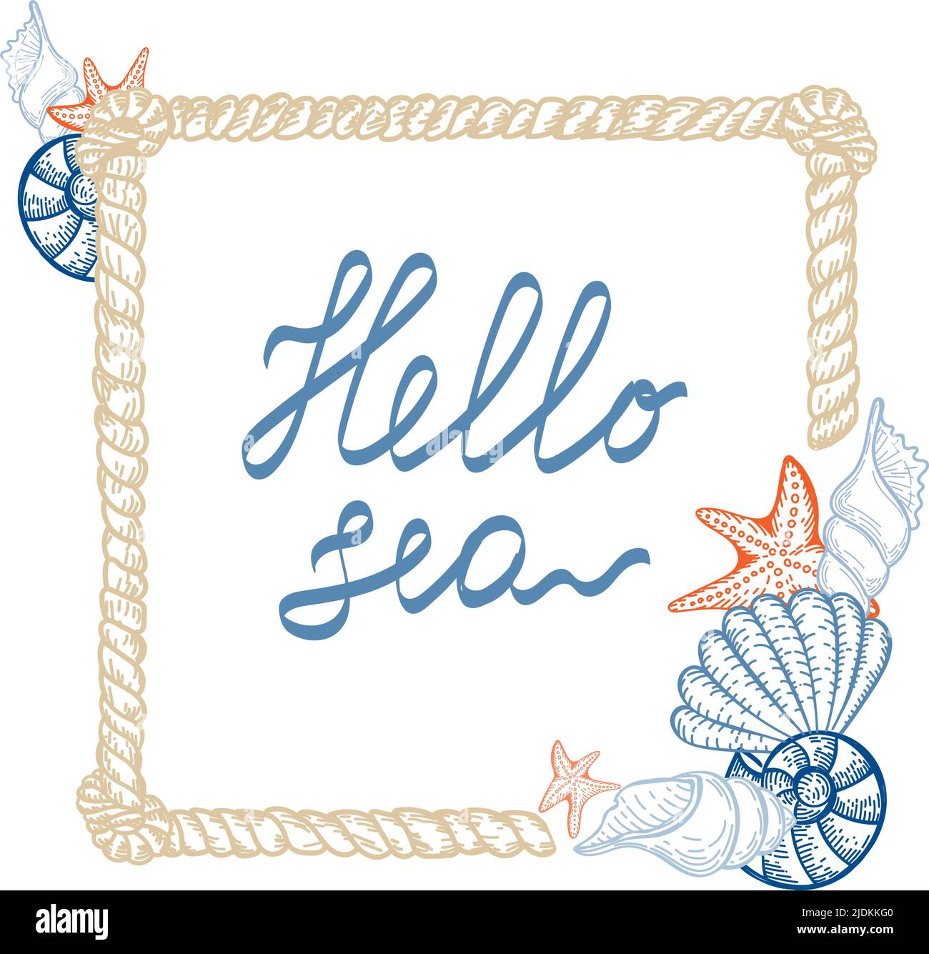 A frame in a nautical style. Rope with seashells and starfish, hand ...