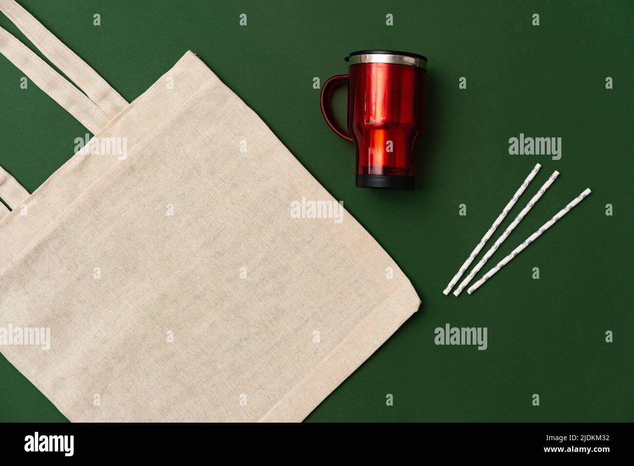 Textile shopping bag and coffee cup flat lay Stock Photo - Alamy