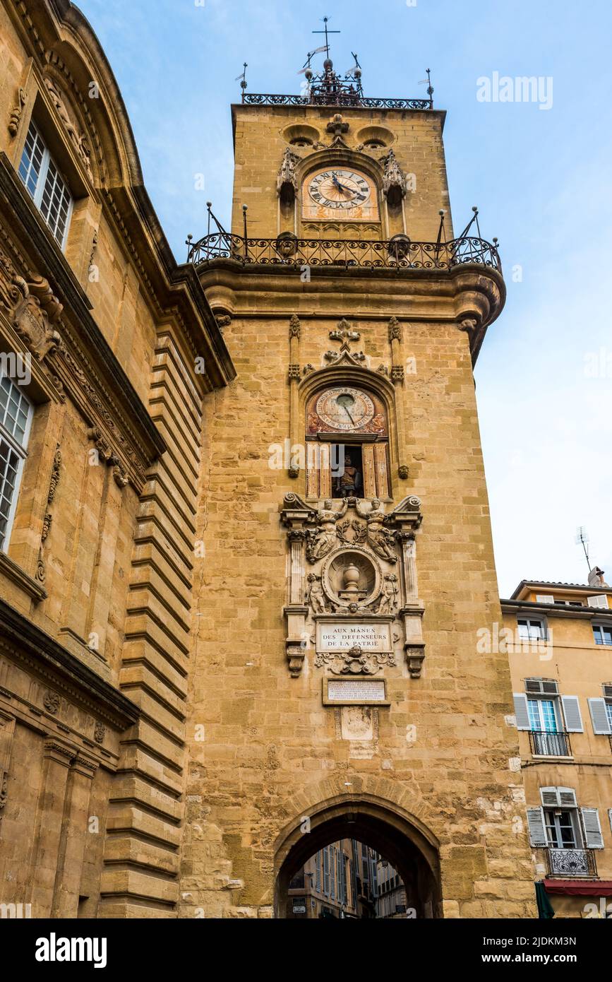 Clock tower of the Town Hall of Aix en Provence, in the Bouches du Rhone, Provence, France Stock Photo
