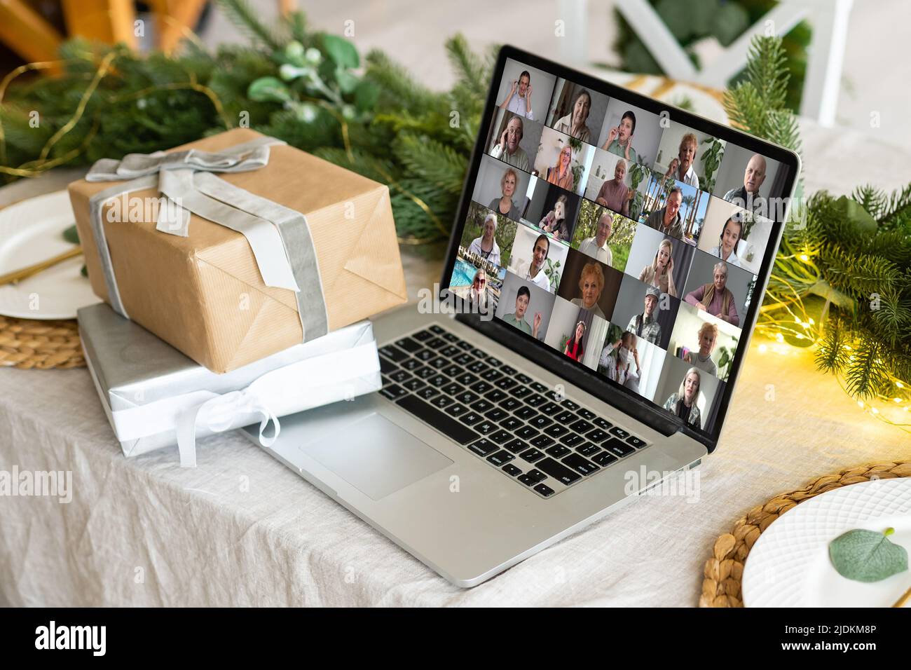 Virtual Christmas tree meeting team teleworking. Family video call