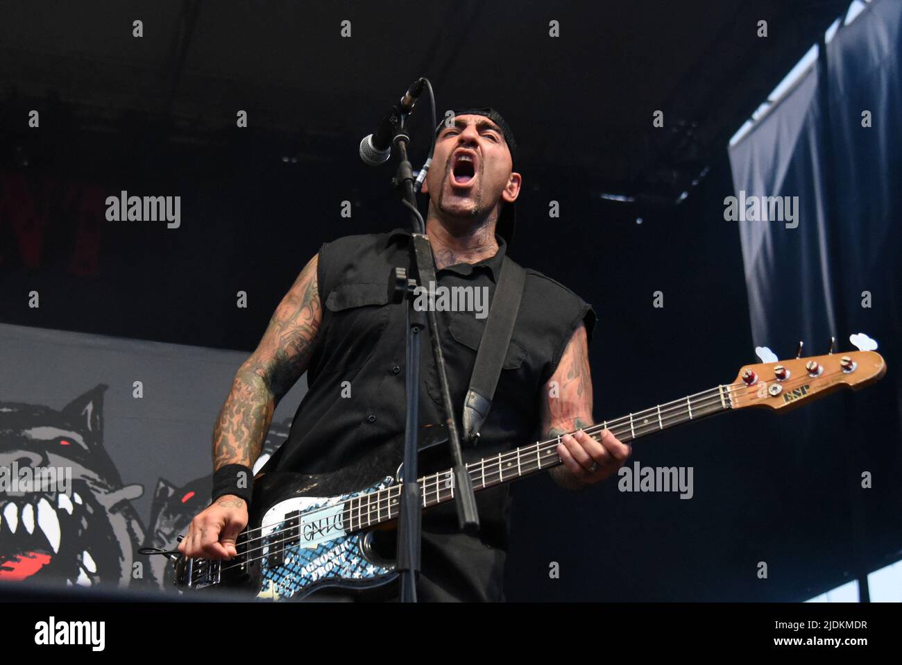 Padova, Italy. 21st June, 2022. Agnostic Front - Mike Gallo during The Rumjacks and Agnostic Front Opening Bad Religion, Music Concert in Padova, Italy, June 21 2022 Credit: Independent Photo Agency/Alamy Live News Stock Photo