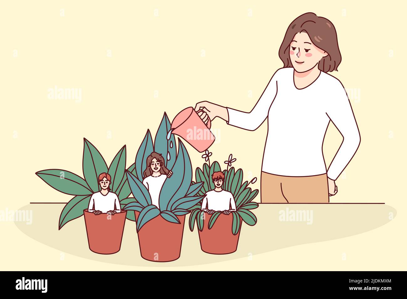 Employees sit in small pots and manager watering them. Boss or leader help workers to growth. Concept of mentorship and development. Vector illustration.  Stock Vector