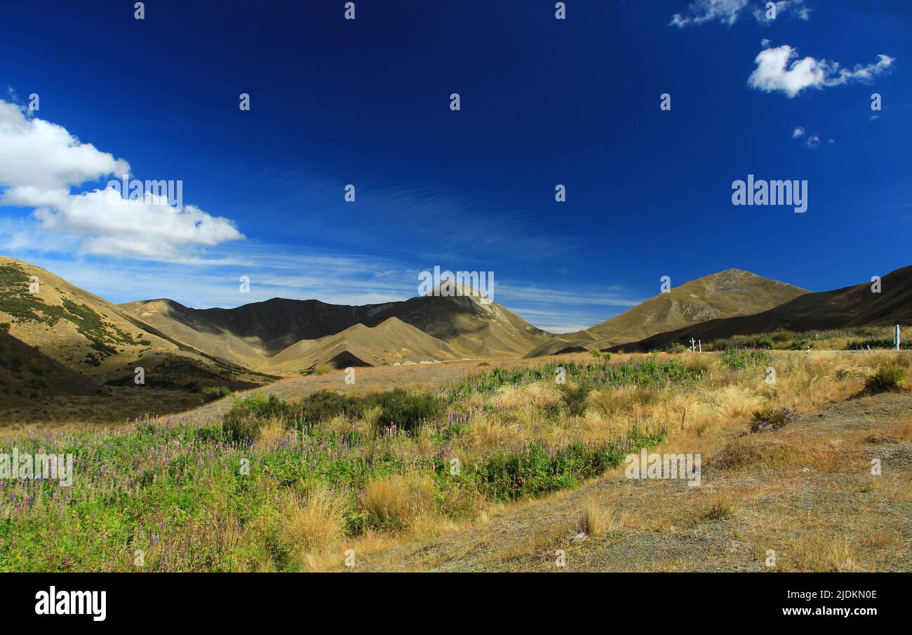 Amazing landscape at Lindis Pass in New Zealand. Stock Photo