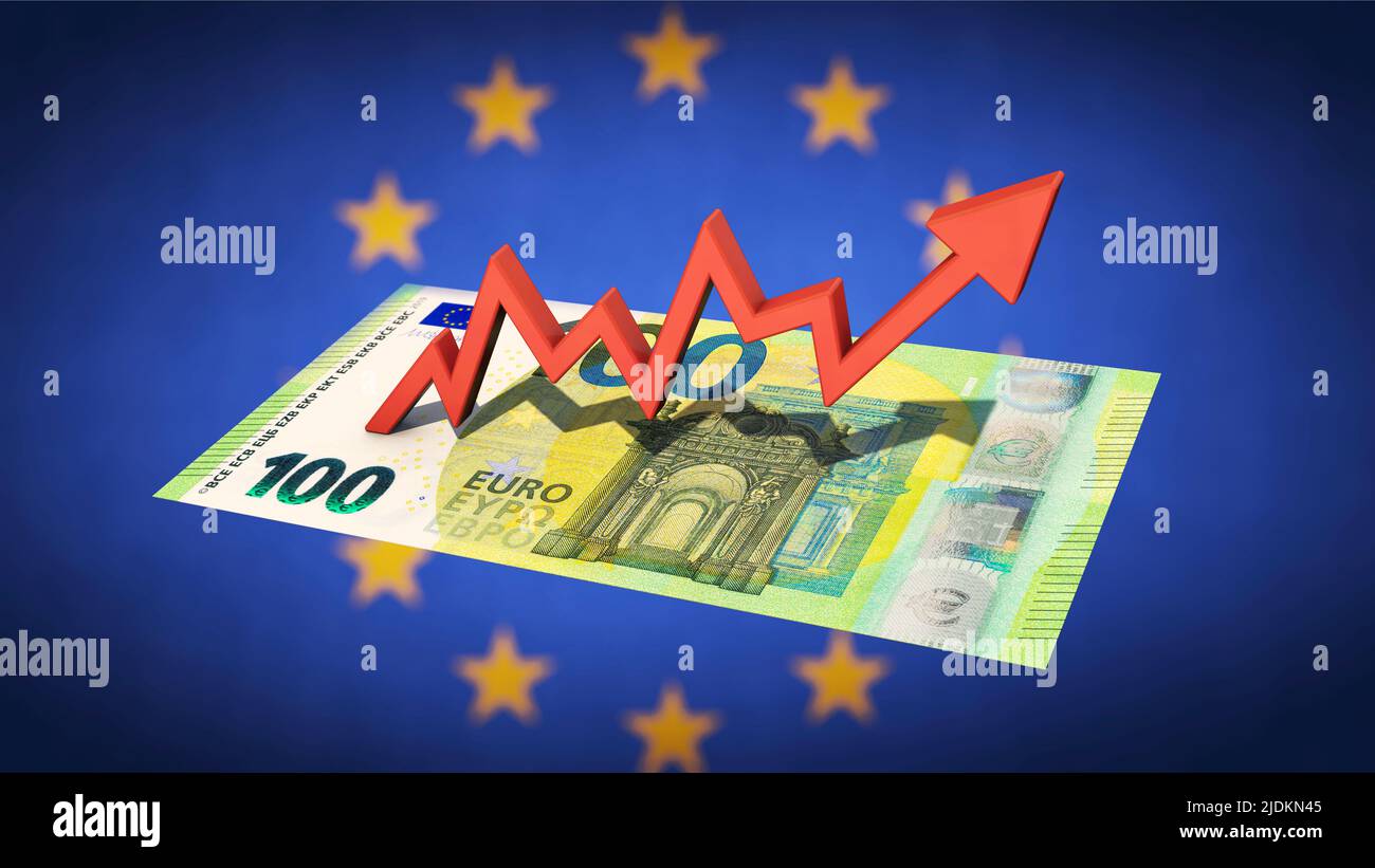 Increasing graph on euro bill with euro flag in background Stock Photo