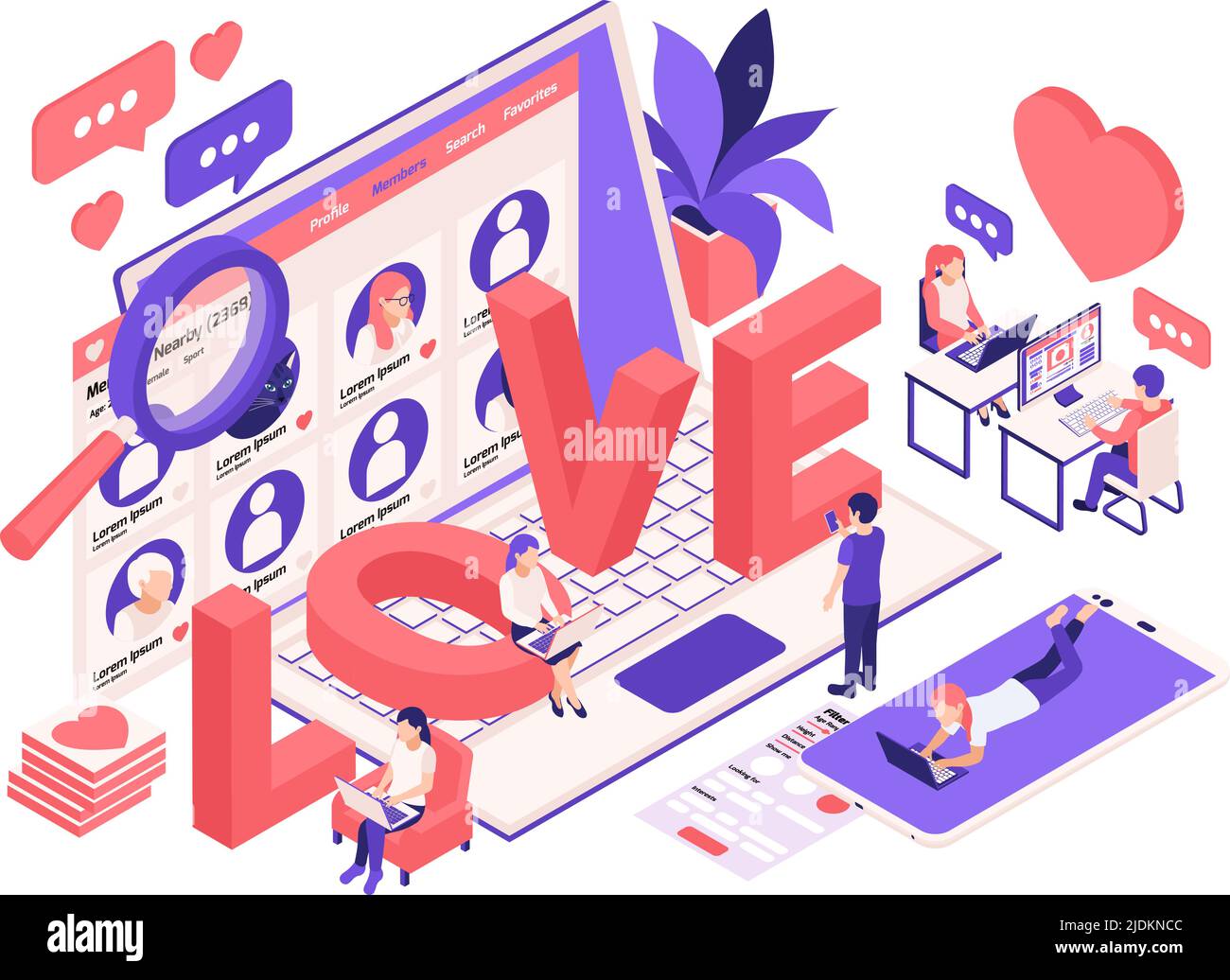 Virtual relationship dating love isometric composition with laptop screen partner profile search magnifier online chat vector illustration Stock Vector