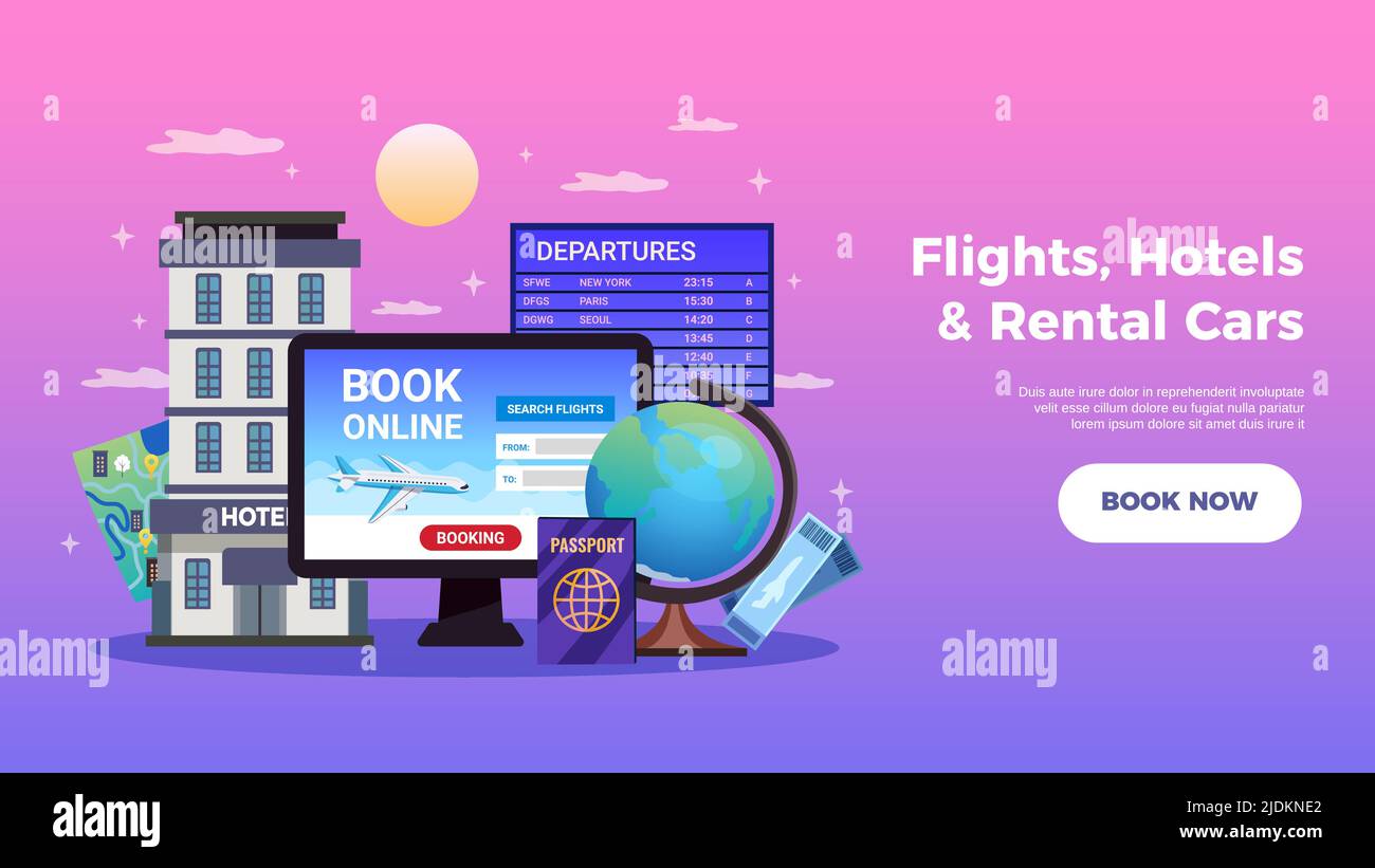 Travel tourism booking horizontal banner with flights hotels and rental