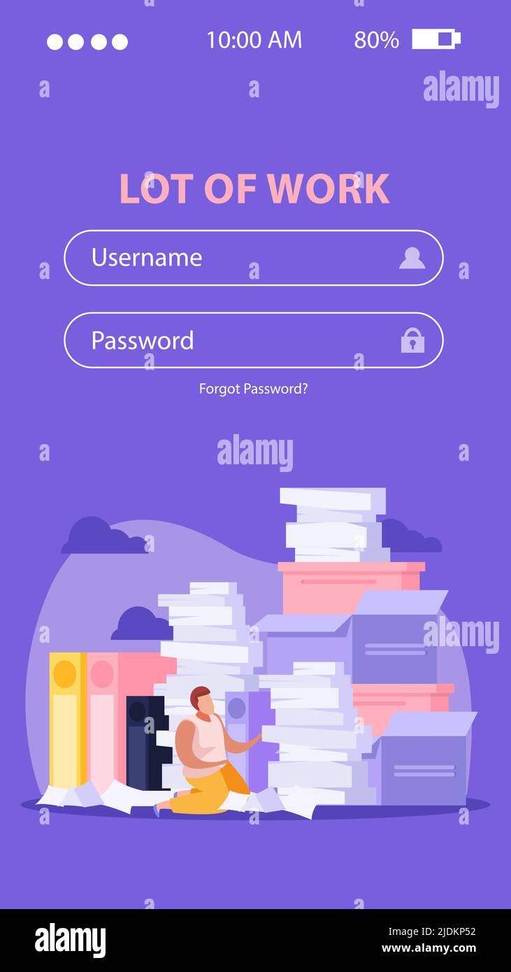 Flat background with tired man with lots of paper work and login form ...
