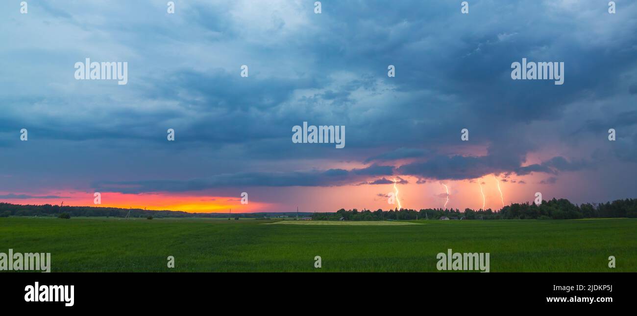 Landscape with lightning at sunset light, panoramic landscape Stock Photo