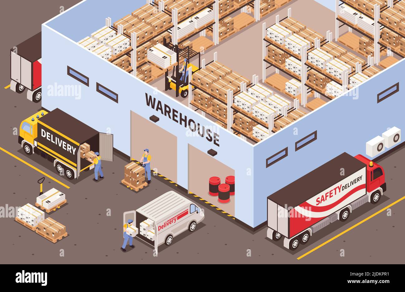 Modern industrial warehouse interior with storage racks facilities exterior with logistic delivery services isometric view vector illustration Stock Vector
