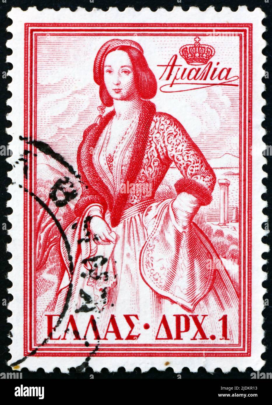 GREECE - CIRCA 1956: a stamp printed in Greece shows Queen Amalia, Queen of Greece, circa 1956 Stock Photo