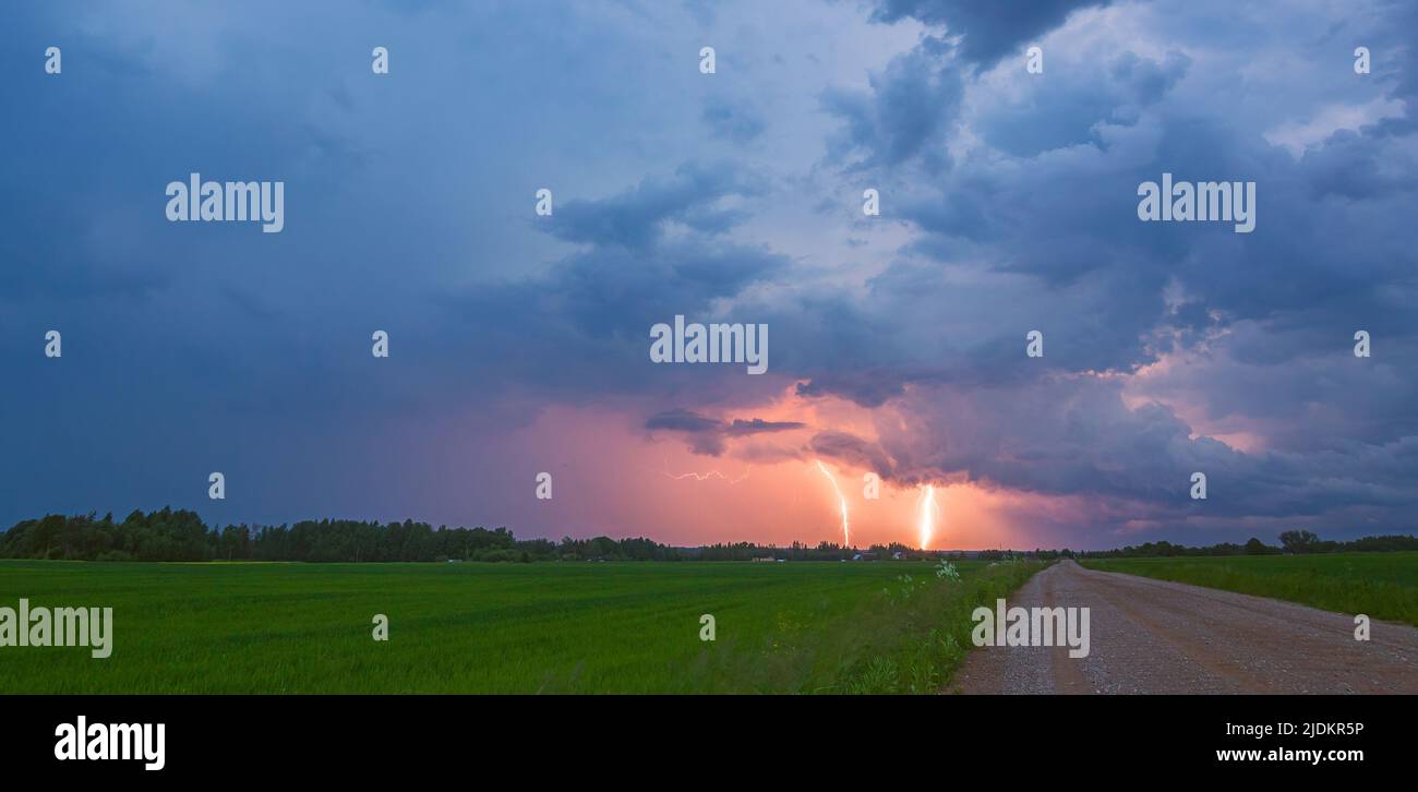 Landscape with lightning at sunset light, panoramic landscape Stock Photo