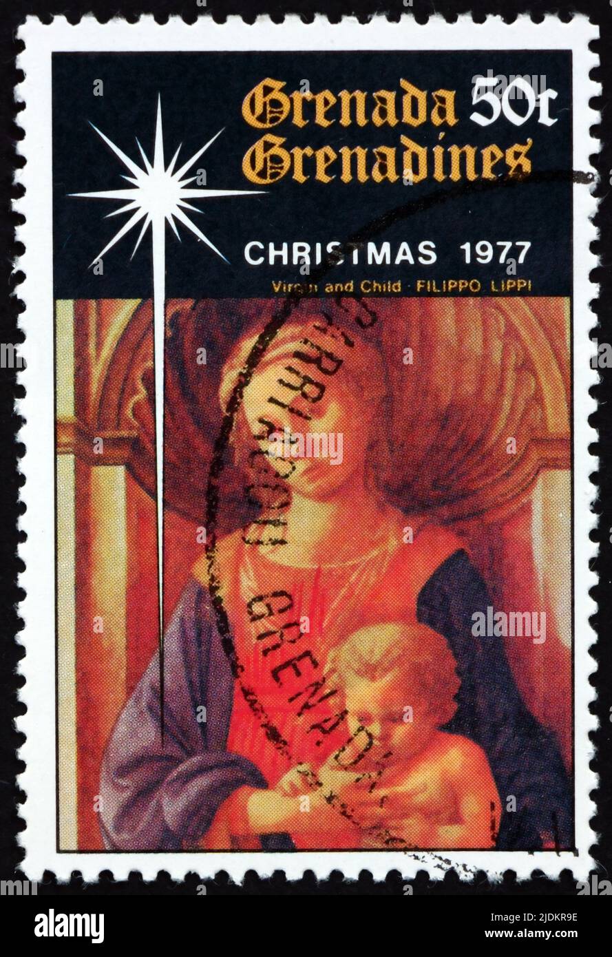 GRENADA AND GRENADINES - CIRCA 1977: a stamp printed in Grenada shows Madonna and Child, painting by Filippo Lippi, Italian painter, circa 1977 Stock Photo