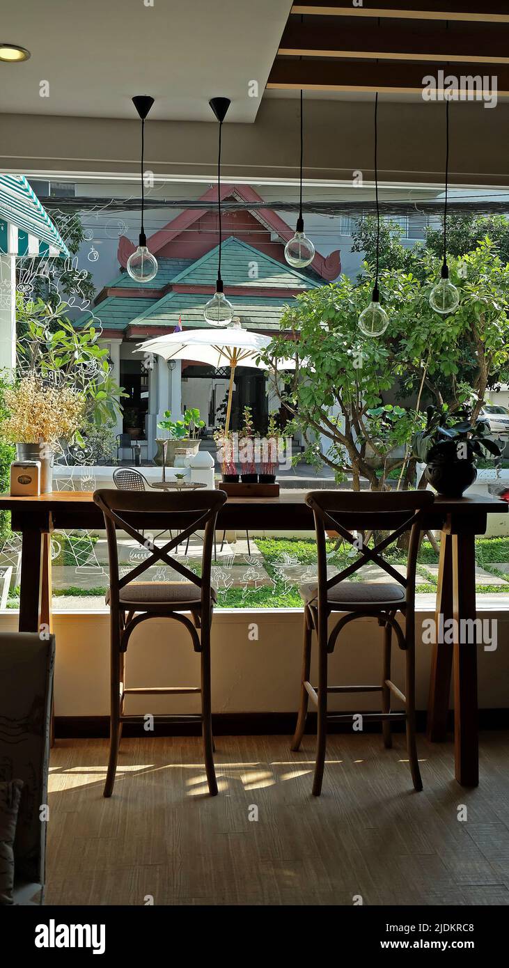 Interior design and decoration of coffee cafe decorated with wooden ...