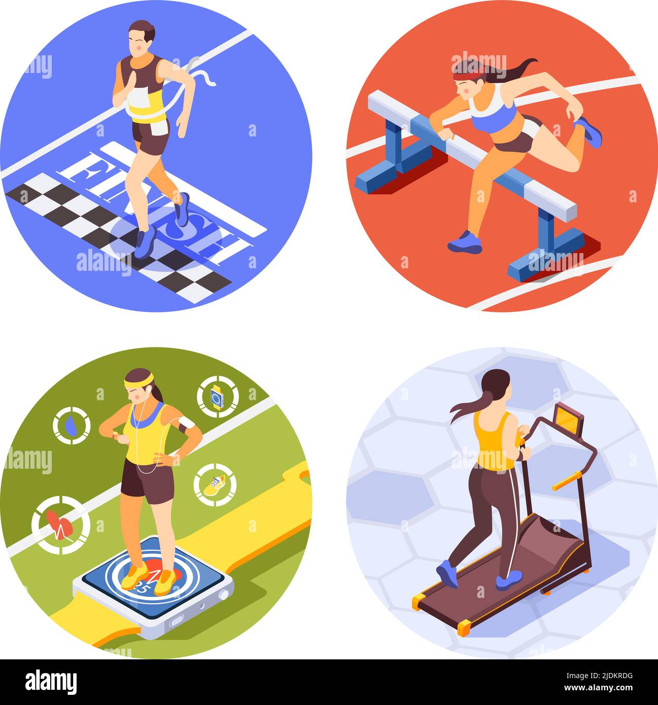 Jogging running training sprinting 4 round isometric compositions with race finish hurdling vr fitness experience vector illustration Stock Vector