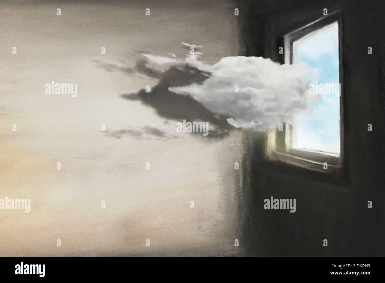 surreal curious cloud enters from a window of a house Stock Photo