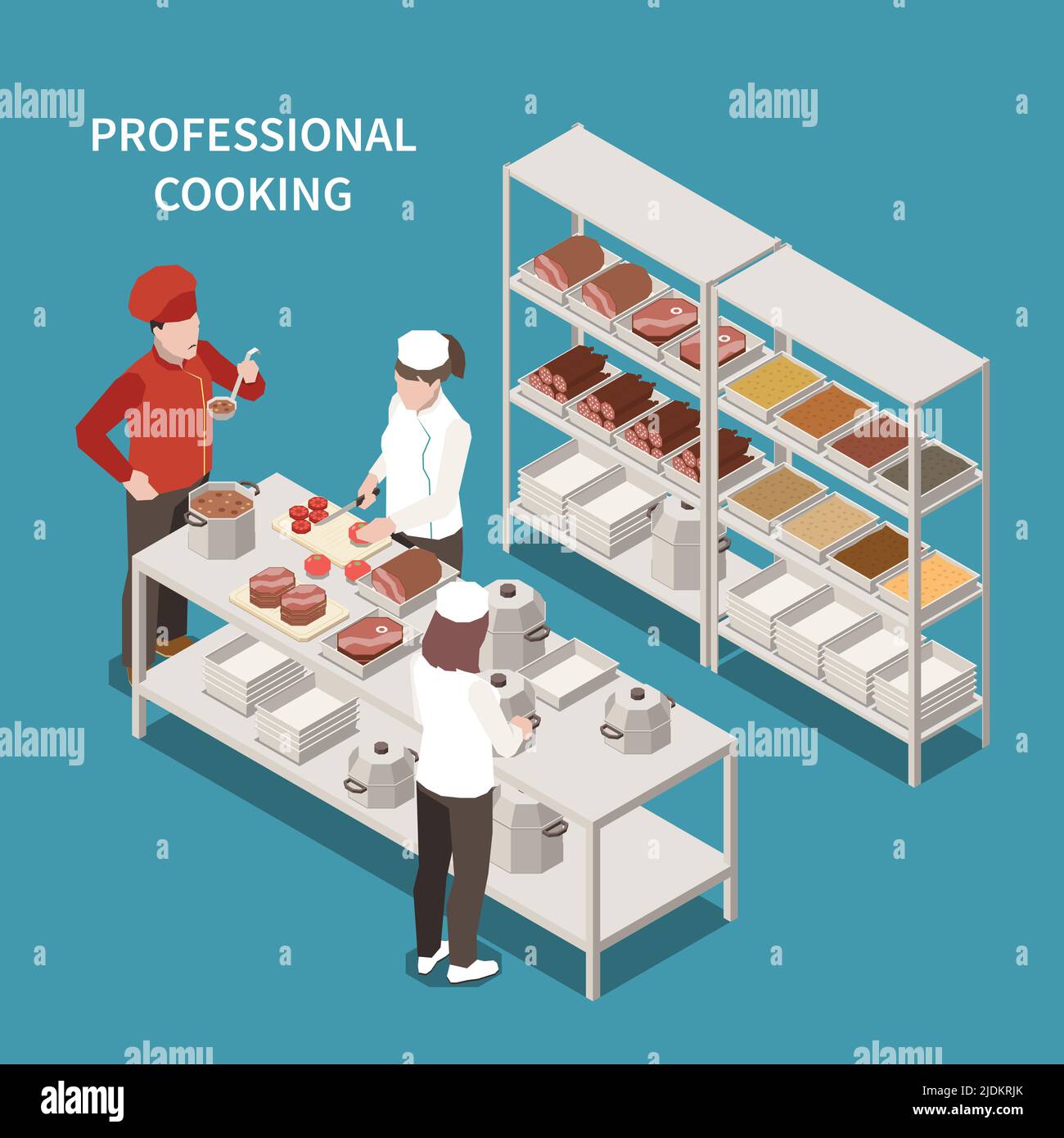 Commercial kitchen food preparation area with professional cooking staff and chef tasting soup isometric composition vector illustration Stock Vector