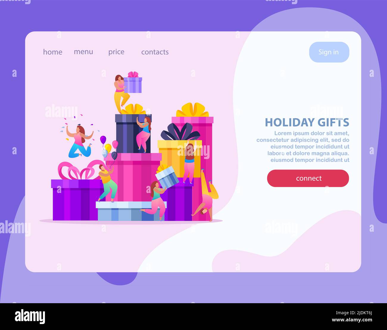 People with gifts flat web site background with composition of ...