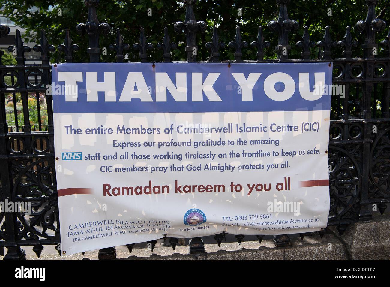 Westminster, London, UK. 8th June, 2022. A Covid-19 Thank You message outside St Thomas's Hospital from the Camberwell Islamic Centre. Credit: Maureen McLean/Alamy Stock Photo