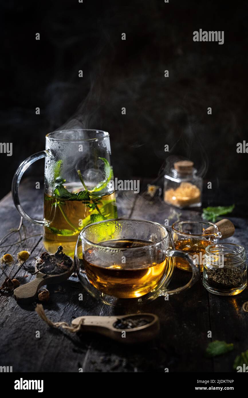 Autumn hot tea.Winter drink.Healthy food and sweets.Natural herbal Stock Photo