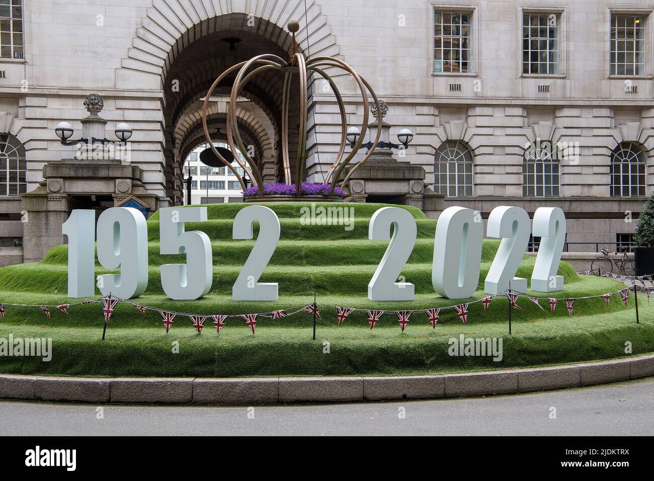 Westminster, London, UK. 8th June, 2022. A Platinum Jubilee display outside County Hall. Credit: Maureen McLean/Alamy Stock Photo