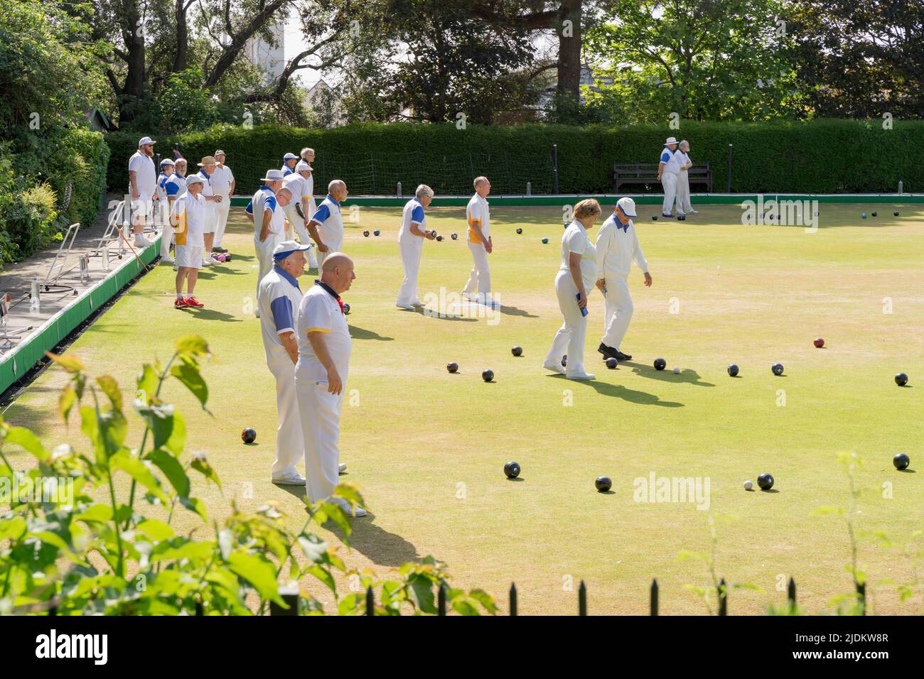 Tankerton lawn bowling club having a friendly match with Watford team in a hot summer Sunday Kent England UK Stock Photo