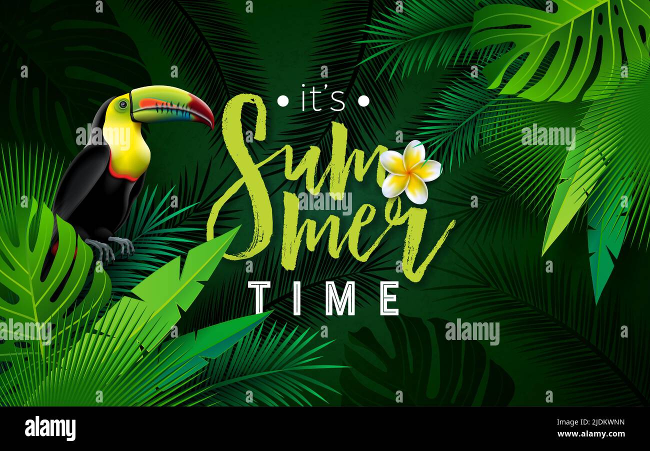 Summer Holiday Design with Toucan Bird and Tropical Flower on Dark ...