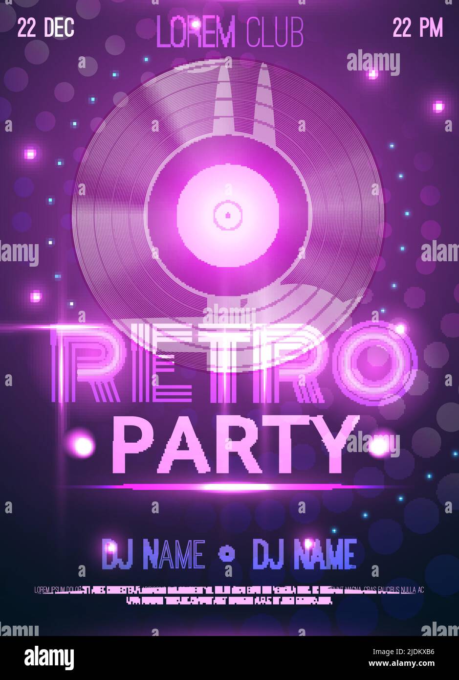 Retro party club announcement invitation  poster with realistic vinyl record disc glowing purple lights background vector illustration Stock Vector