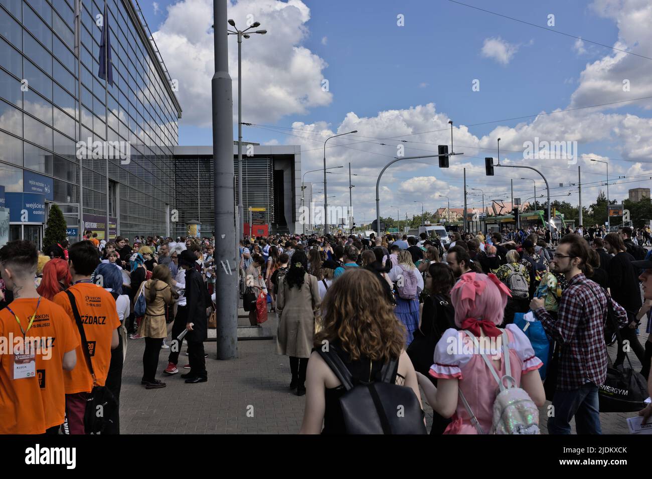 People waiting at the entrance of Poznań International Fair, Pyrkon convention Stock Photo