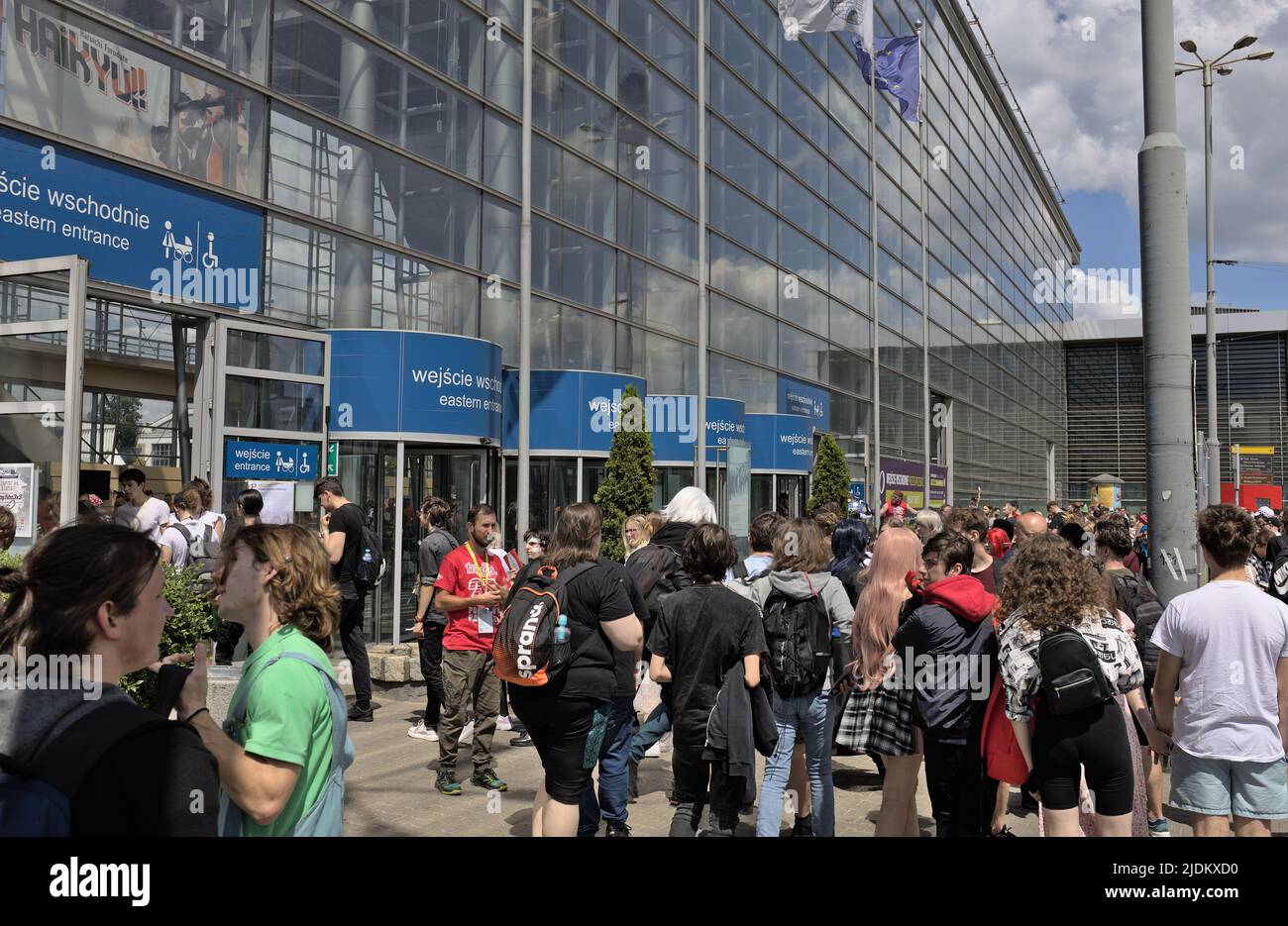 Crowd of people waiting at the entrance of Poznań International Fair, Pyrkon convention Stock Photo