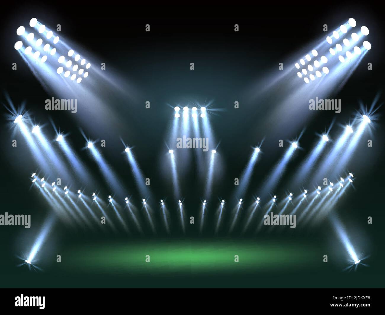 Stadium lights background. Directional sources, football field searchlights, cold rays, sport arena lighting design, different projectors, Illuminated Stock Vector