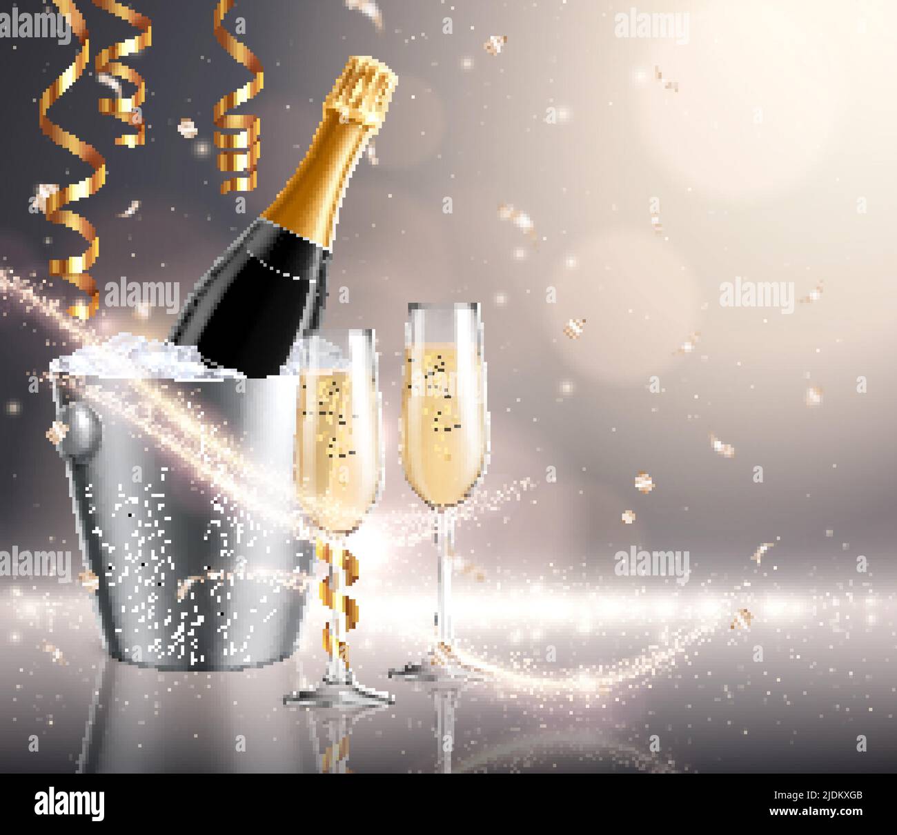 Champagne holiday background composition with realistic images of bucket filled with ice and bottles with drinking glasses vector illustration Stock Vector