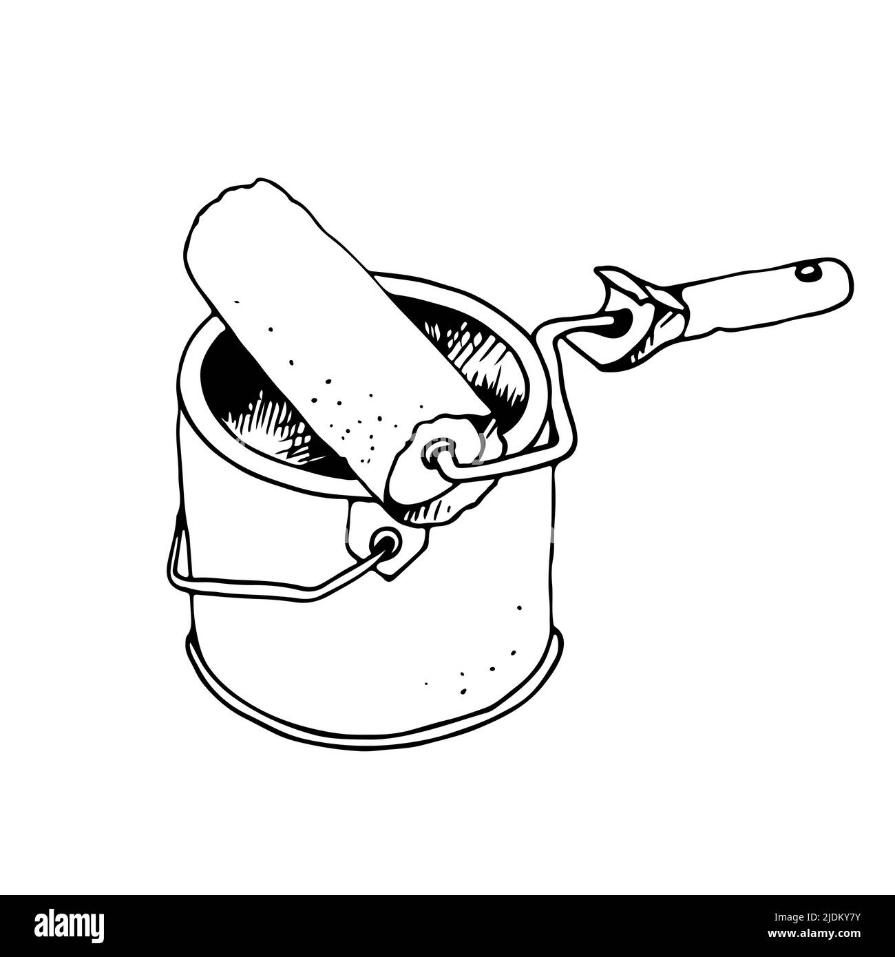 Paint roller on a bucket of paint, vector hand drawn illustration