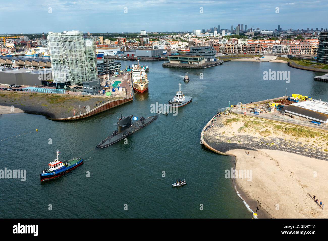Aerial view of Zr. Ms.Zeeleeuw submarine leaving Scheveningen Harbor
