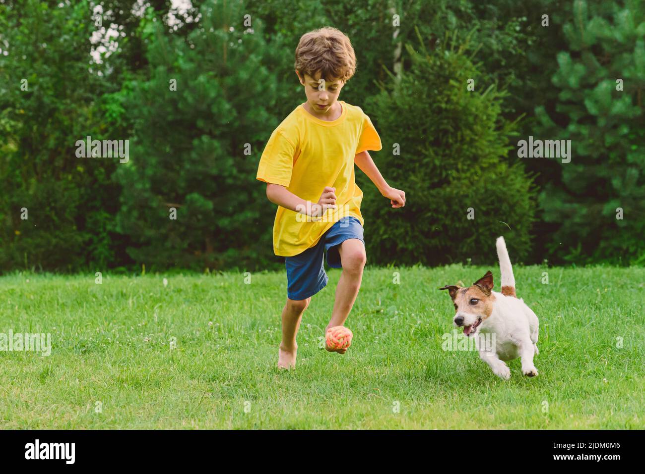 Boy wishes to be football player uses pet toy instead of football ball to train and play soccer with his dog Stock Photo