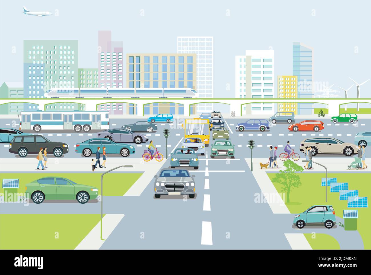 People and car traffic in the city illustration Stock Vector